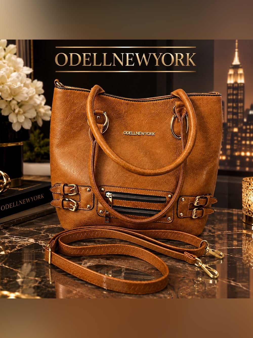 ODELLNEWYORK | Tan Leather Tote Bag with Removable Strap